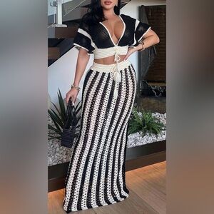 NWOT Crochet Maxi Skirt Set Knit Striped Hollow Out V Neck Drawstring Top